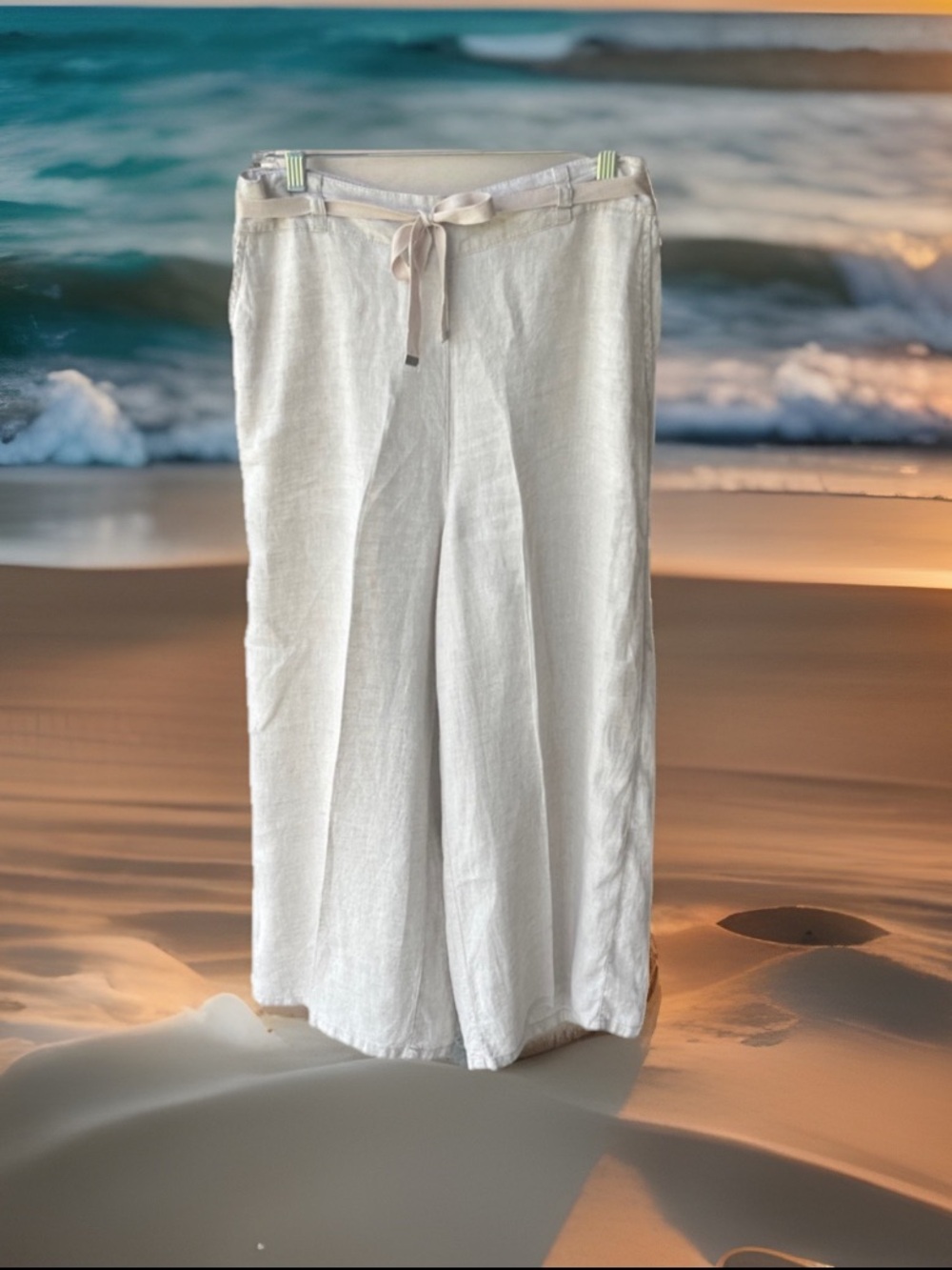 Halston Linen Pants Tie Belt Elastic Back Waist Wide Leg Beige Women’s Medium